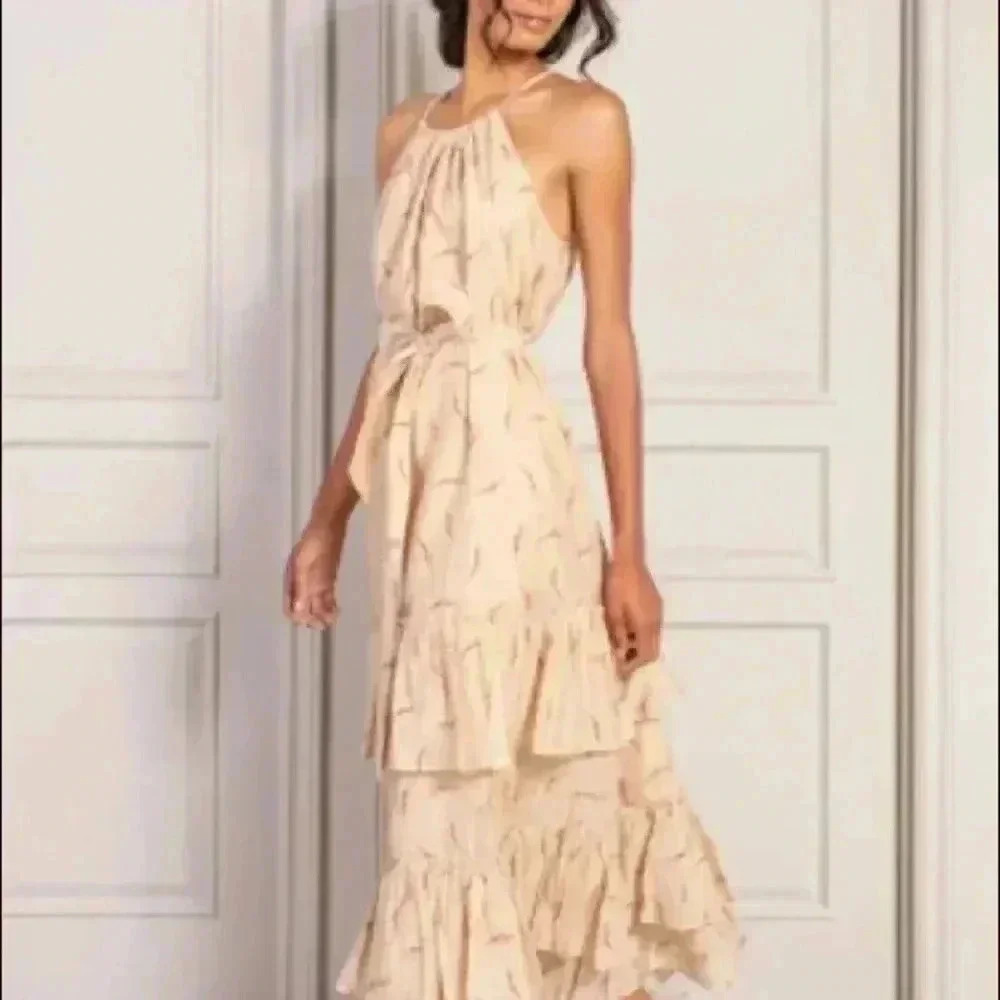 🆕Senlis Red & Gold Leaf Stephanie Tiered Ruffle Tie-Waist Sleeveless Dress S🆕 - Picture 5 of 11